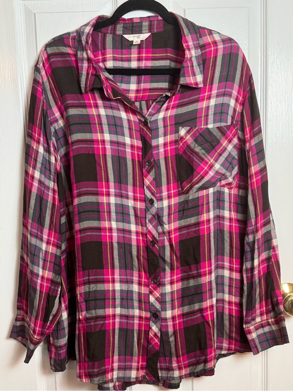 NWT Terra & Sky Women’s 3X 24/26 Pink Gray Plaid Flannel  Button Down Shirt